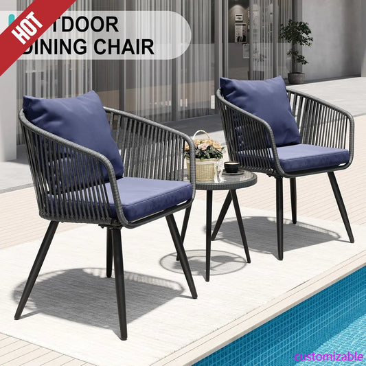 3 Piece Patio Bistro Furniture Set, 2 Patio Dining Chairs and Rattan Side Table for Porch, Backyard, Deck-Dark Blue