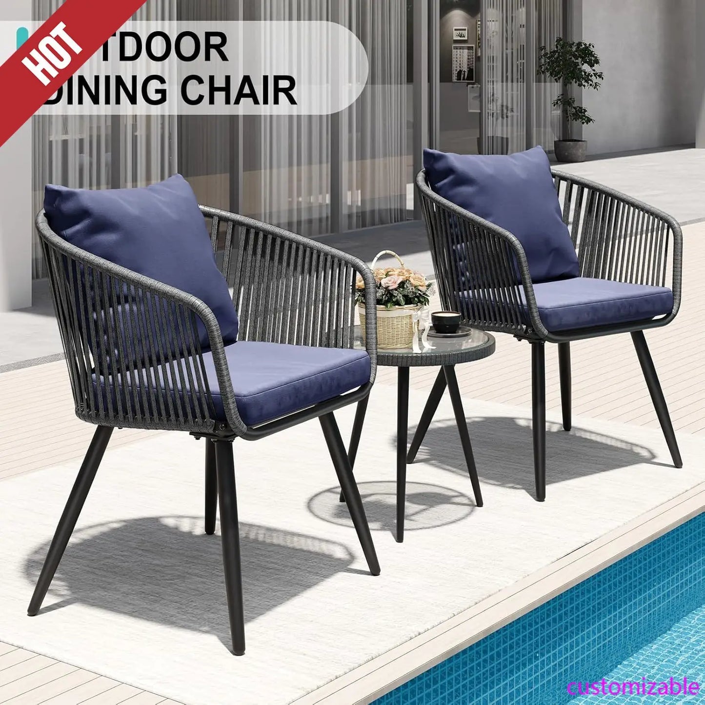 3 Piece Patio Bistro Furniture Set, 2 Patio Dining Chairs and Rattan Side Table for Porch, Backyard, Deck-Dark Blue
