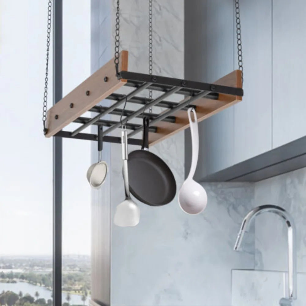 Bymaocar Kitchen Hanging Pot Pan Holder Hanger Iron Rack Ceiling Mount Cookware Organizer Storage Shelf Adjustable Spring Clips