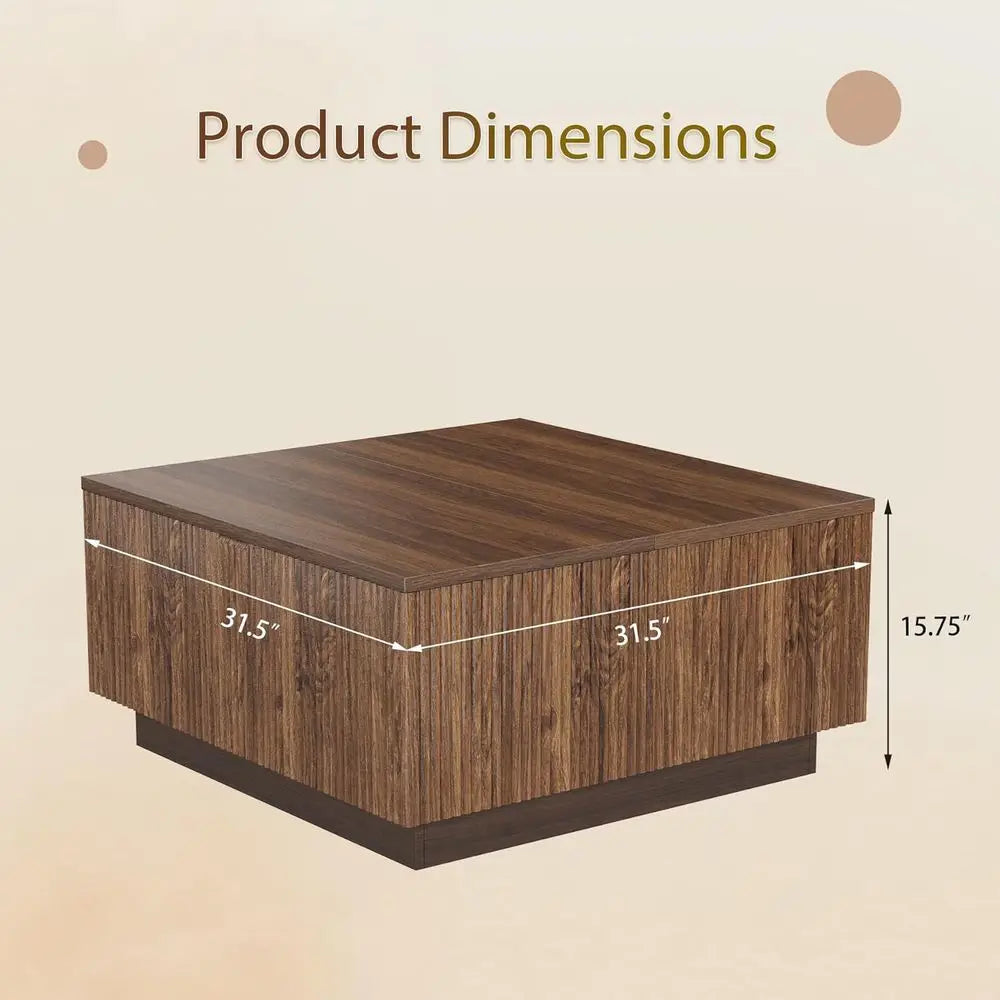 31 Modern Walnut Coffee Table with Storage, Square Living Room Furniture with Decorative Lattice Design for Compact Spaces