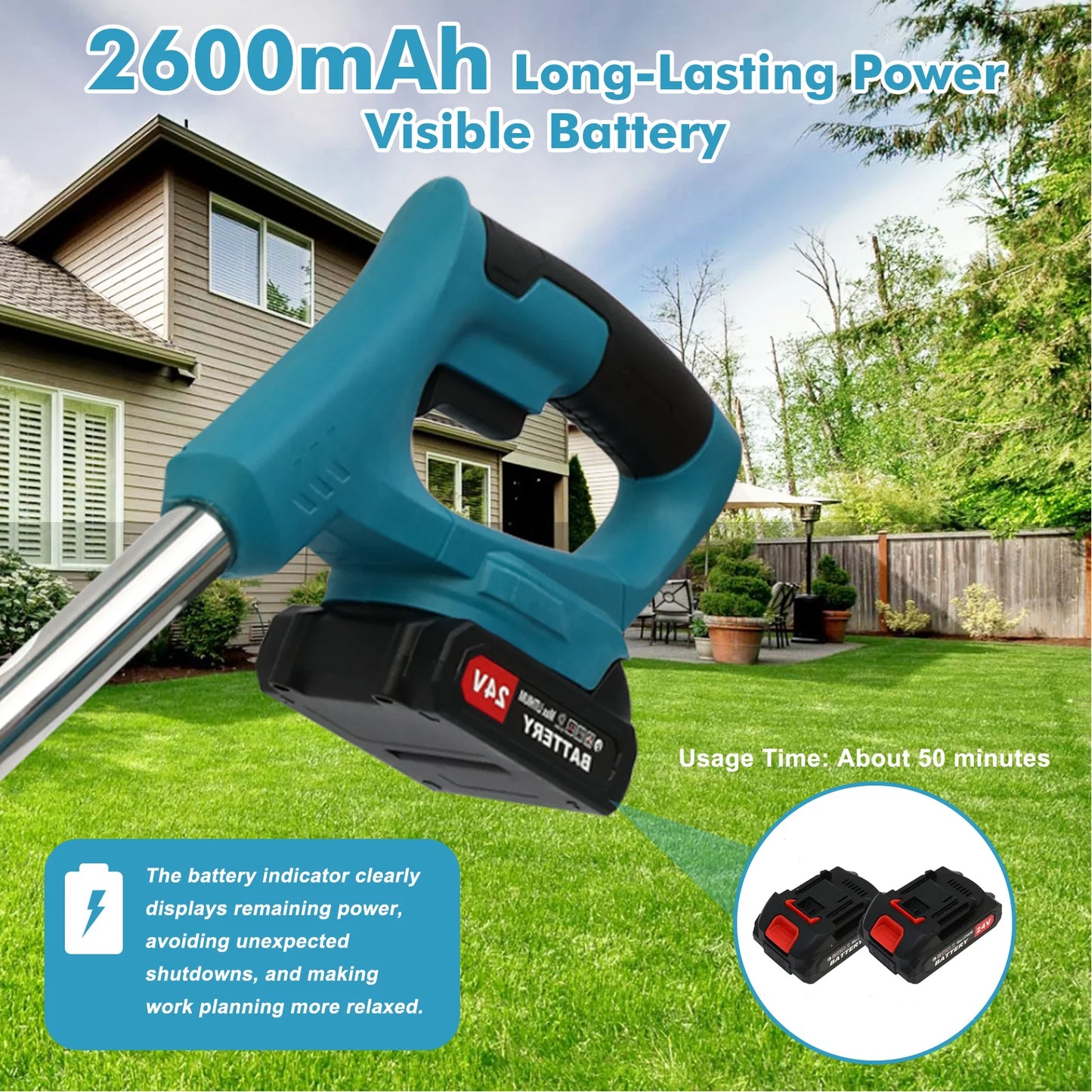 Grass Trimmer Cordless Weed 3-in-1 21V Portable Electric Brush Cutter 2 Batteries & Charger 2600mAh for Garden Yard Weed