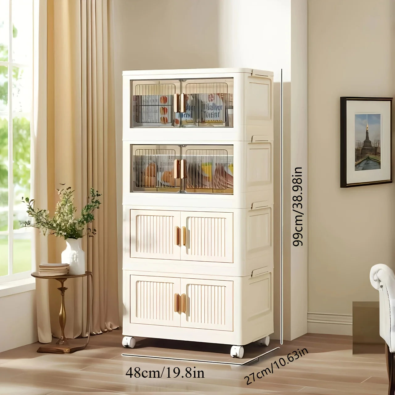 3/4-Tier Folding Storage Organizer with Wheels - No Assembly Required, Magnetic Double-Door Design for Clothes, Toys, Books