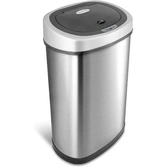 NINESTARS DZT-50-9 Automatic Touchless Infrared Motion Sensor Trash Can, 13 Gal 50L, Stainless Steel Base (Oval, Silver/Black Li