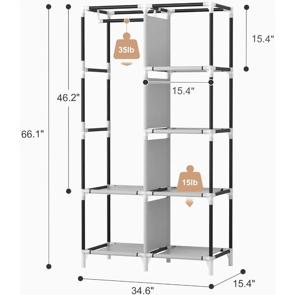 Portable Closet Wardrobe With 6 Shelves And Hanging Rod