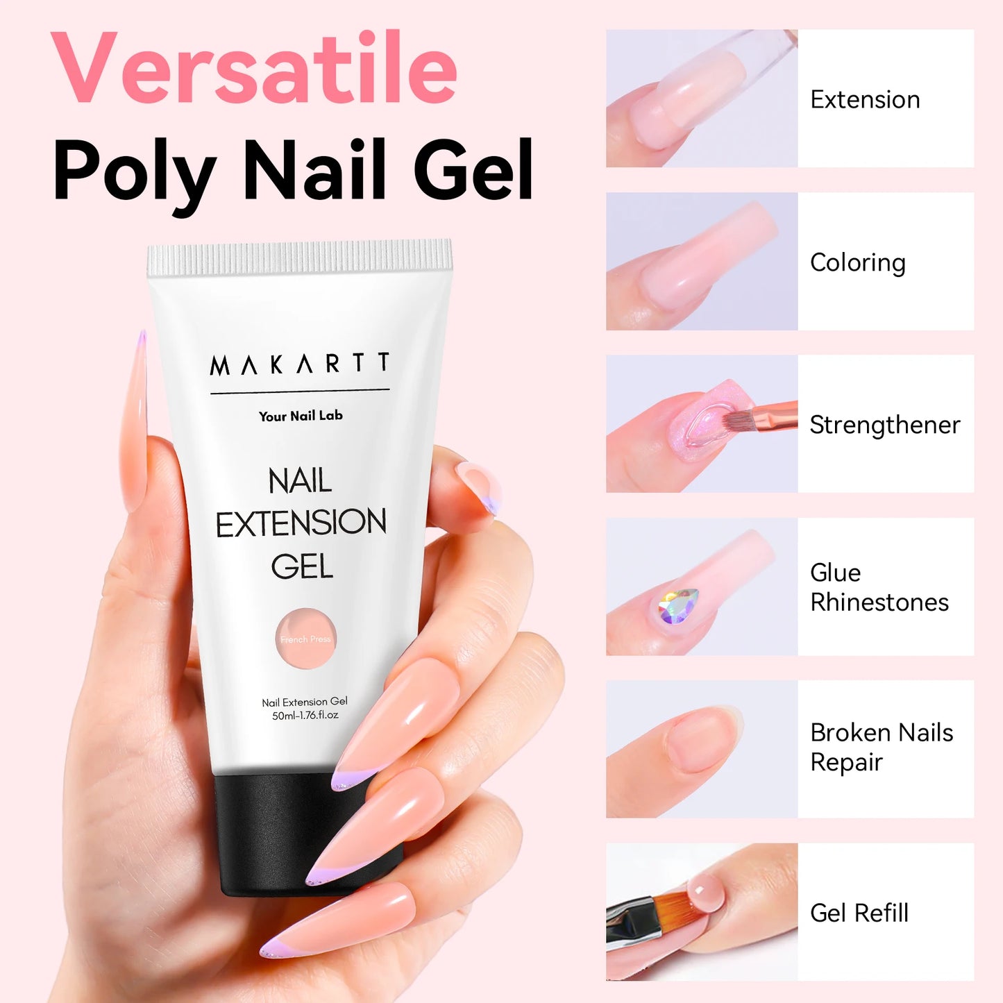Makartt Poly Nail Extension Gel for Nails ,Clear Pink Builder & Sculting Soak Off Hard Gel for Strong Natural Look for Beginer