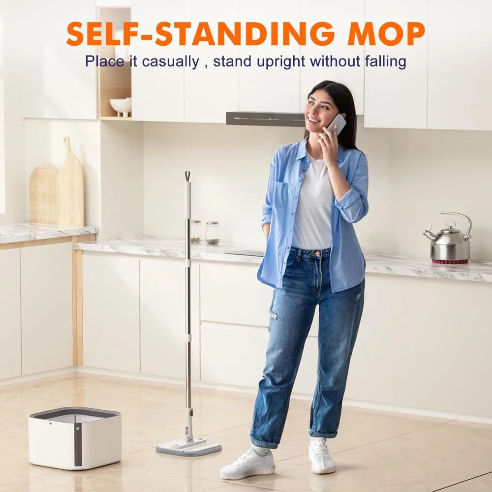 Upgraded Self-Standing Spin Mop and Bucket System, Detachable Inner Mop Bucket  for Hardwood Floors - White with 6 Pads