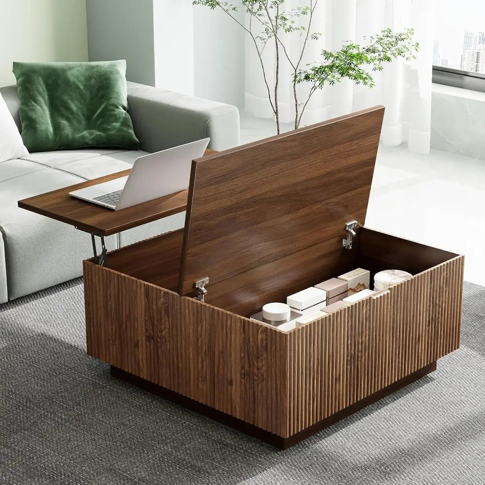 31 Modern Walnut Coffee Table with Storage, Square Living Room Furniture with Decorative Lattice Design for Compact Spaces