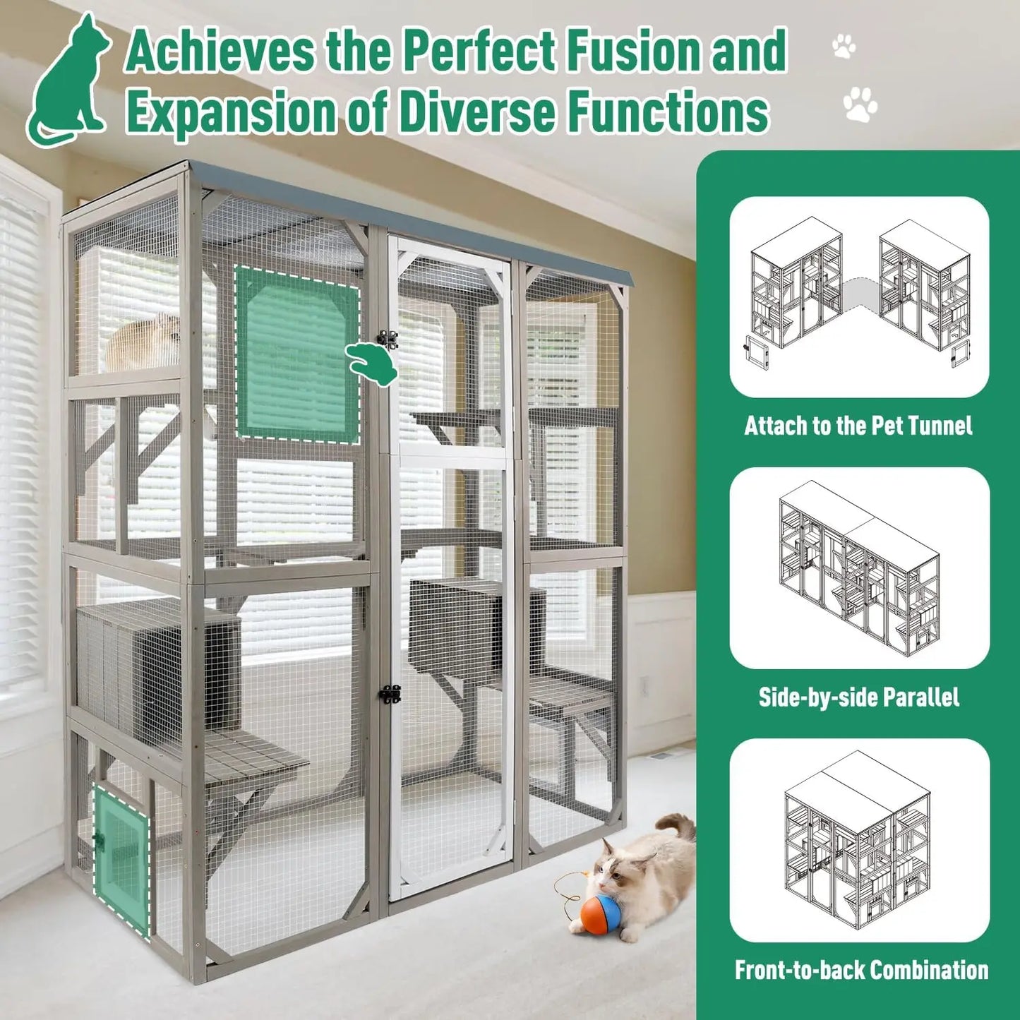 Outdoor Cat Catio Enclosures Large Wooden Cat House Patio for Indoor Cats Feral Cat Shelter with 2 Espace Doors