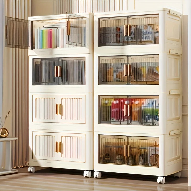 Oversized 3/4/5-Tier Foldable Storage w/ Wheels - No Assembly, Magnetic Doors, Clothes/Toys/Books - Living/Bedroom/Office, Shelf