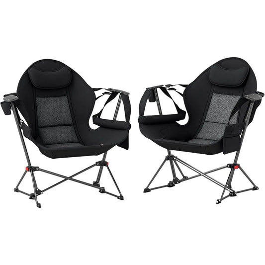 Double Hammock Camping Chair, Adjustable Back Folding Rocking Chair Swinging Hammock Chair with Cup Holder, Headrest and Padded
