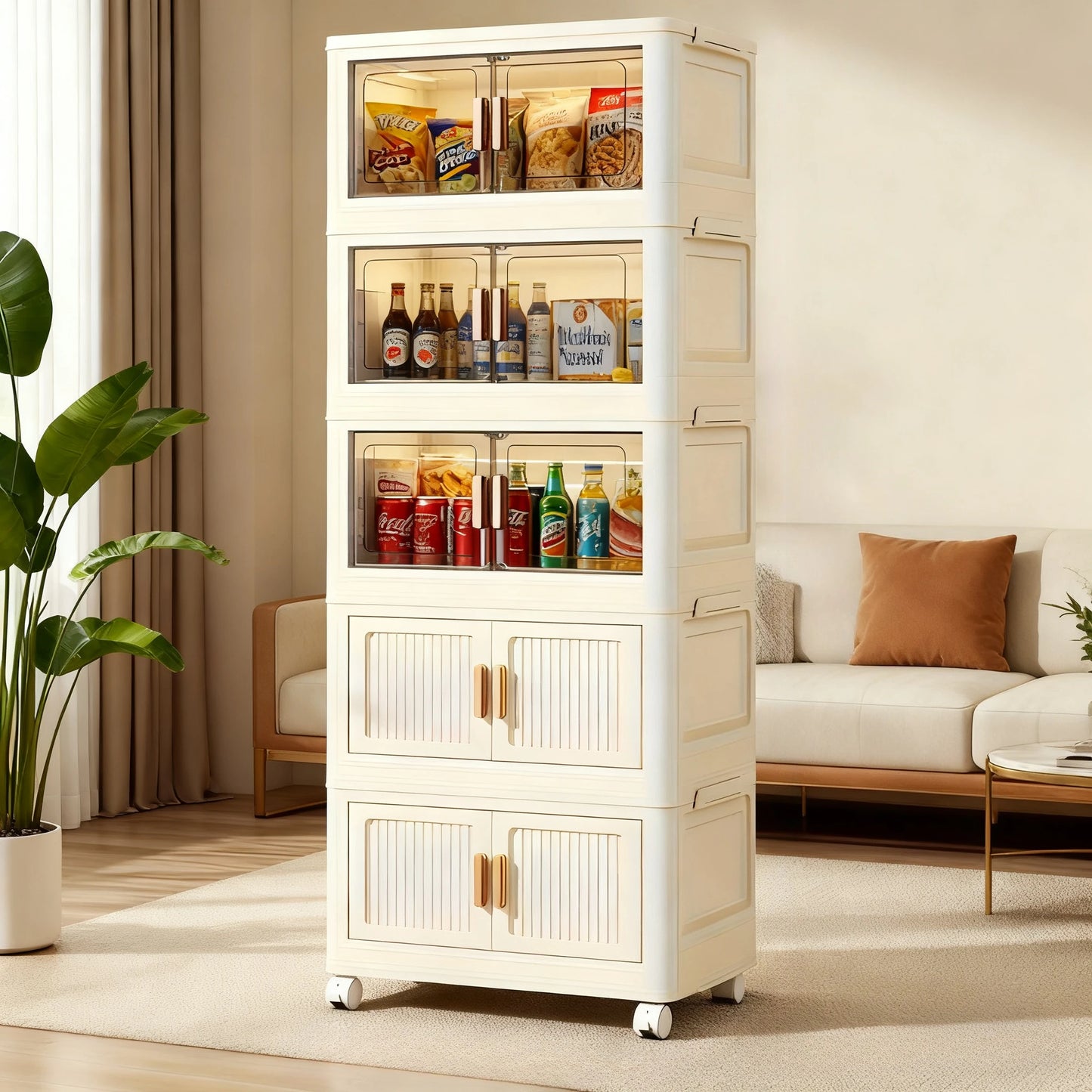 Large 5-layer Foldable Storage Organizer with Wheels – No Assembly, Ready-to-Use, Magnetic Doors, Multi-Scene, Holds Clothes
