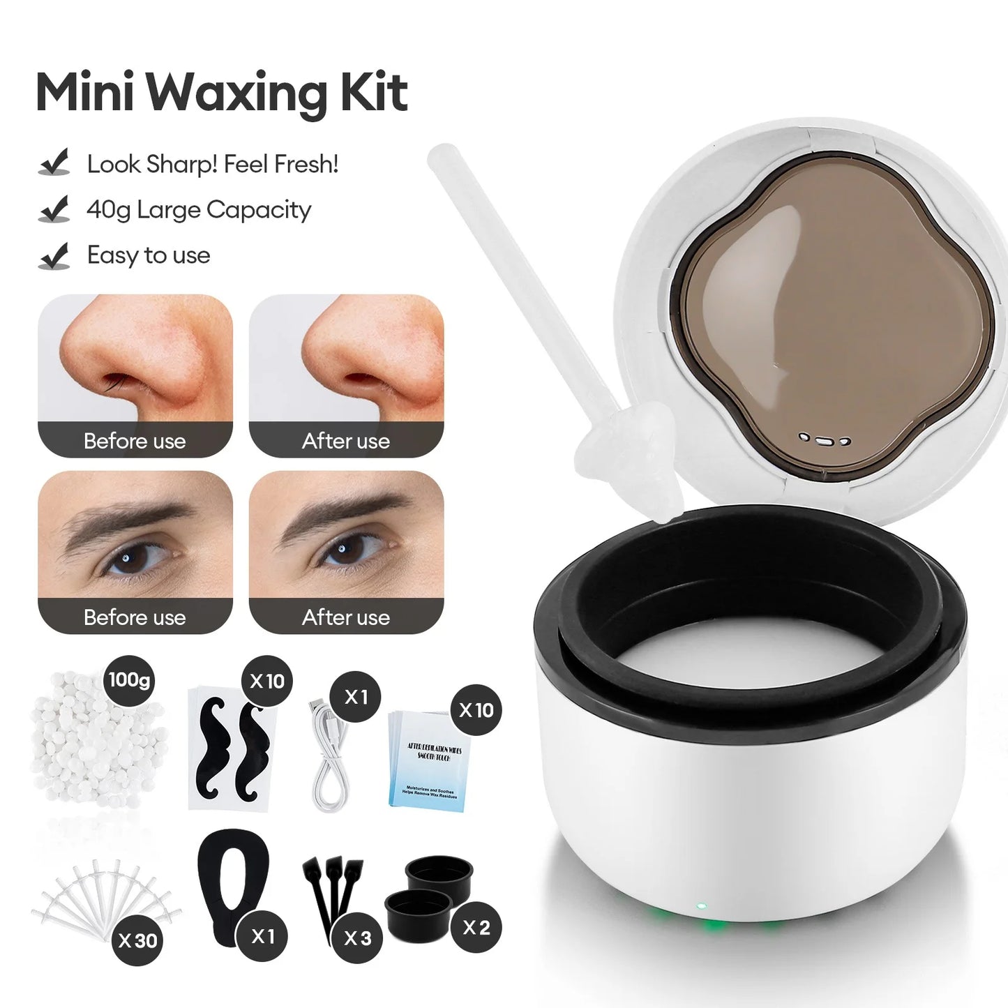Mini Wax Heater Machine 40g Silicone Bowl Wax Warmer Nose Ear Hair Removal Waxing Kit Wax Bean Wax Heating Melting Pot Melter
