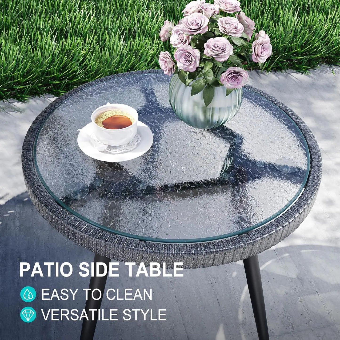 3 Piece Patio Bistro Furniture Set, 2 Patio Dining Chairs and Rattan Side Table for Porch, Backyard, Deck-Dark Blue