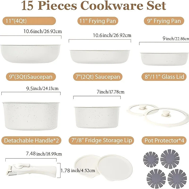 White 15pcs Pot And Pan Set Non-stick, Kitchen Cookware Set With Removable Handle, PFAS And PFOA Free, Kitchenware, Gift