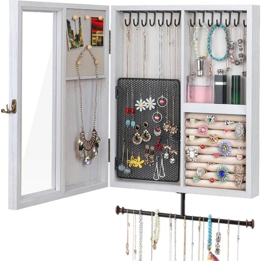 Wall Mounted Jewelry Organizer With Rustic Wood Large Space Jewelry Cabinet, Holder, Storage Box for Necklaces, Earring