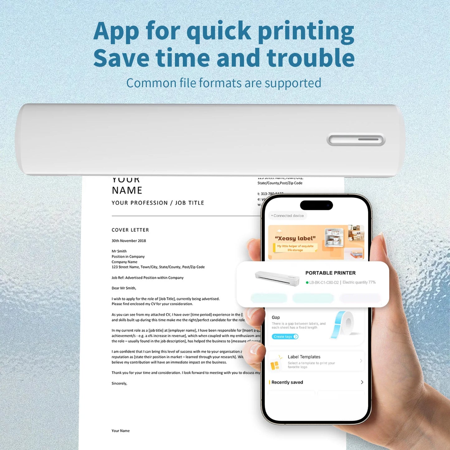 Portable Printer Wireless Inkless Thermal A4 C80 300DPI US-letter Mobile Printer Support Android iOS for Travel Work Home