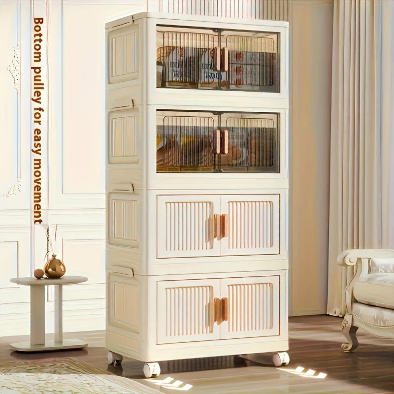 3/4-Tier Folding Storage Organizer with Wheels - No Assembly Required, Magnetic Double-Door Design for Clothes, Toys, Books