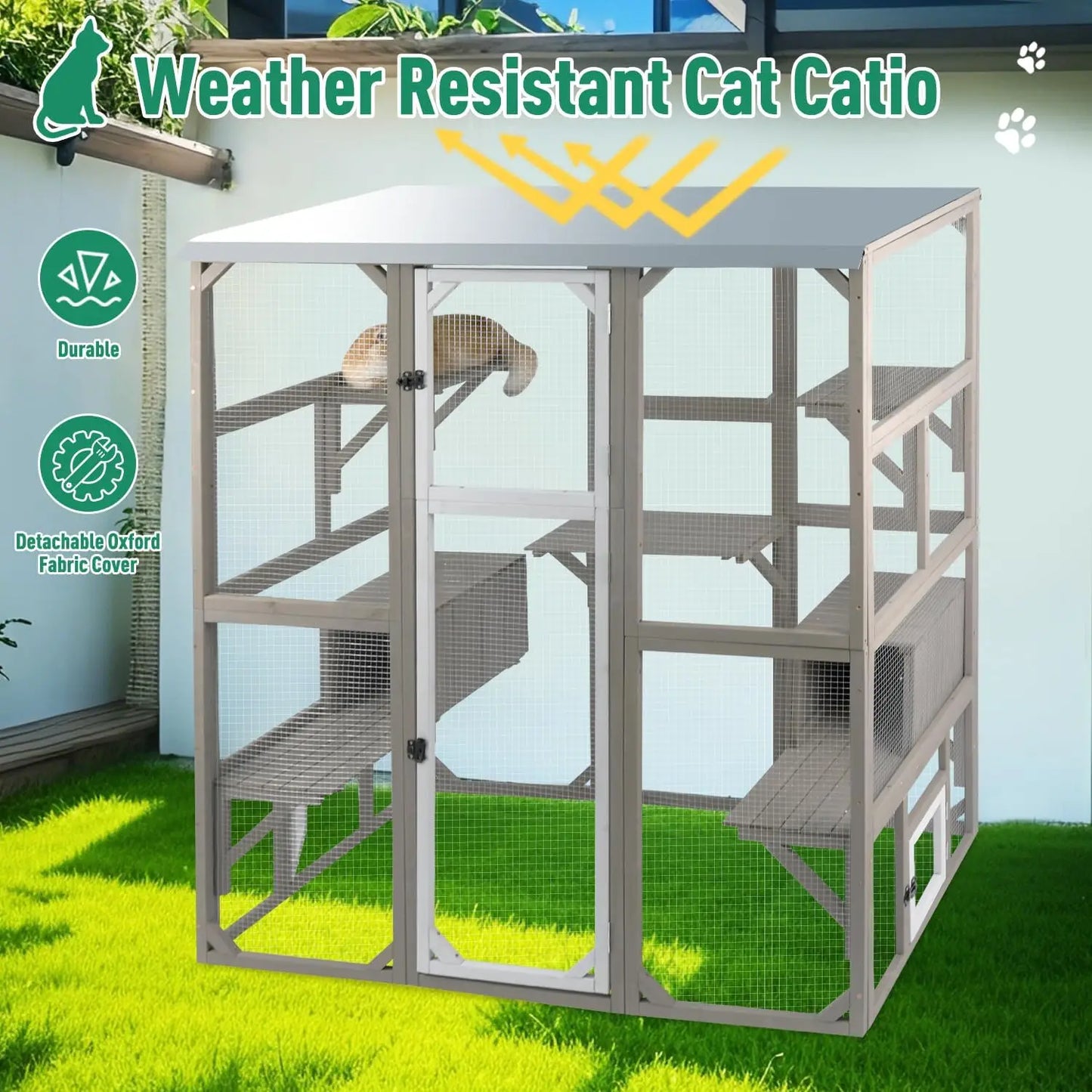 Outdoor Cat Catio Enclosures Large Wooden Cat House Patio for Indoor Cats Feral Cat Shelter with 2 Espace Doors