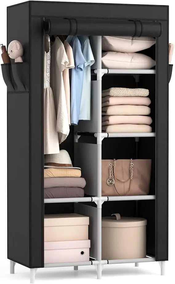Portable Closet Wardrobe With 6 Shelves And Hanging Rod