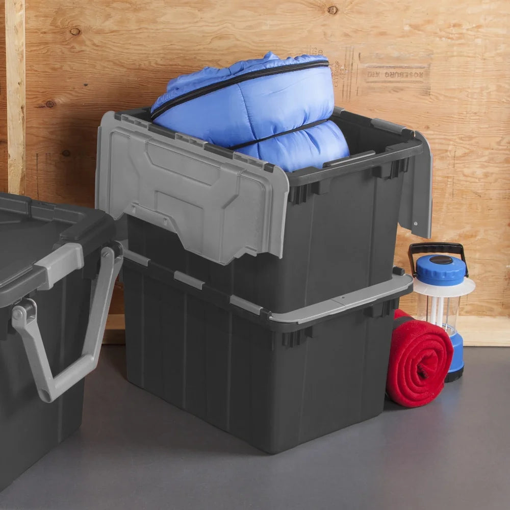 12 Gallon Industrial Tote Heavy Duty Hinged Lid Storage Container Stackable with Handles Zip Tie Access Garage Basement