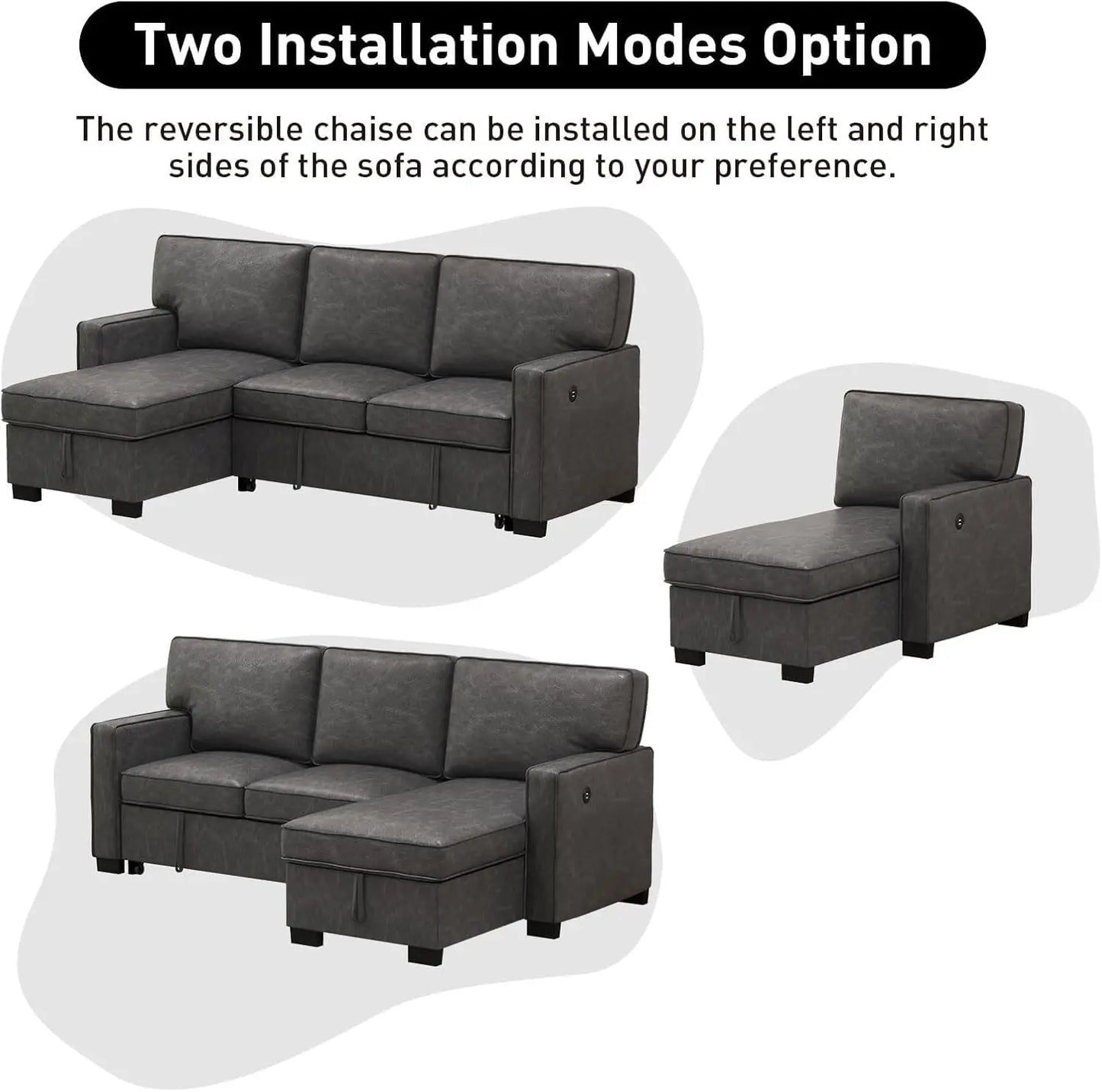 Convertible Sleeper Sofa 3 in 1, Faux Leather Modern L-Shaped Couches for Living Room, Pull Out Sectional Futon Sofa Bed with