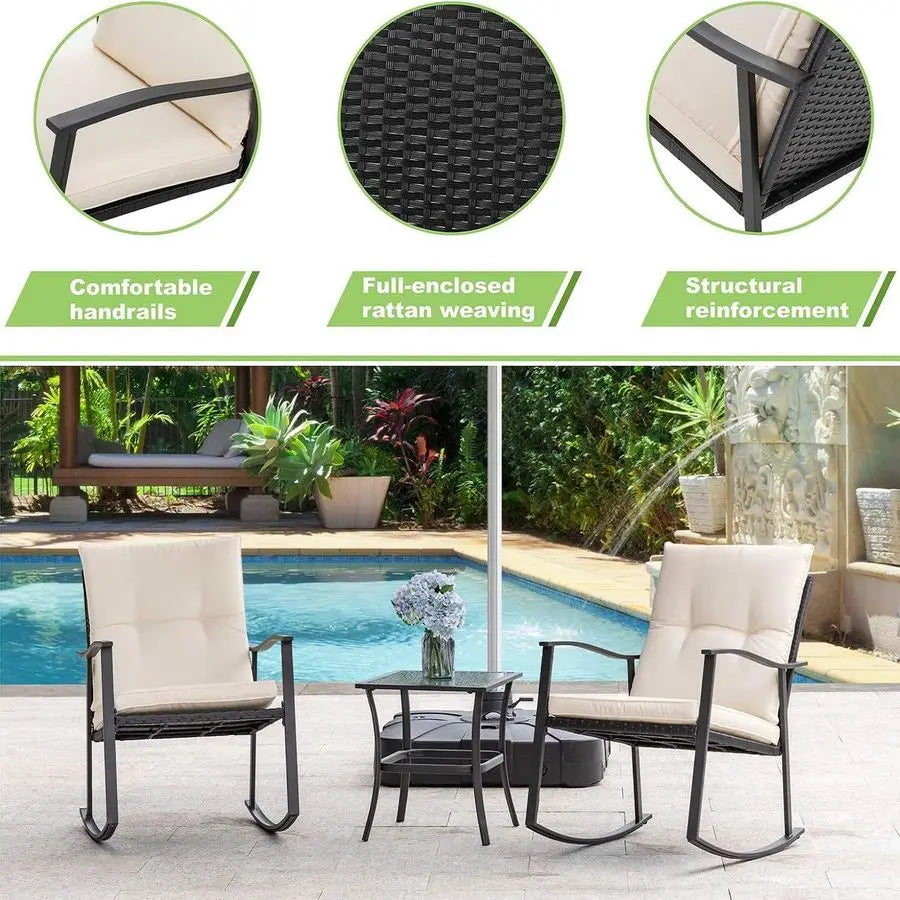 3 Piece Outdoor Rocking Bistro Set, Front Porch Furniture Rocking Chairs Set of 2, Small Patio Furniture Set with Glass Table f