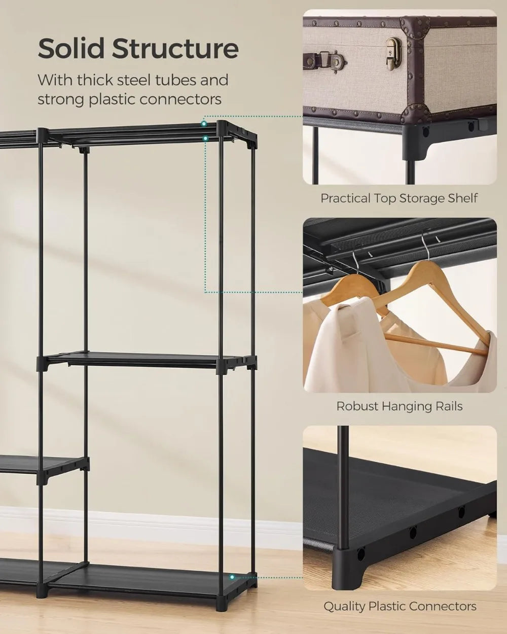 Portable Closet Organizer with Shelves and Hanging Rods, Freestanding Storage for Bedroom, 80.7 x 17.1 x 65.4 Inches, Black