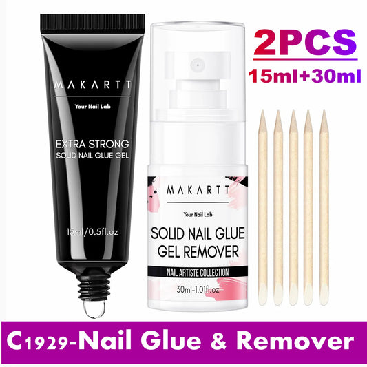 Makartt Solid Nail Glue with Glue Remover Kit: Super Strong Nail Glue Gel for Press on Nails and Nail Tips Supplies UV LED Cured