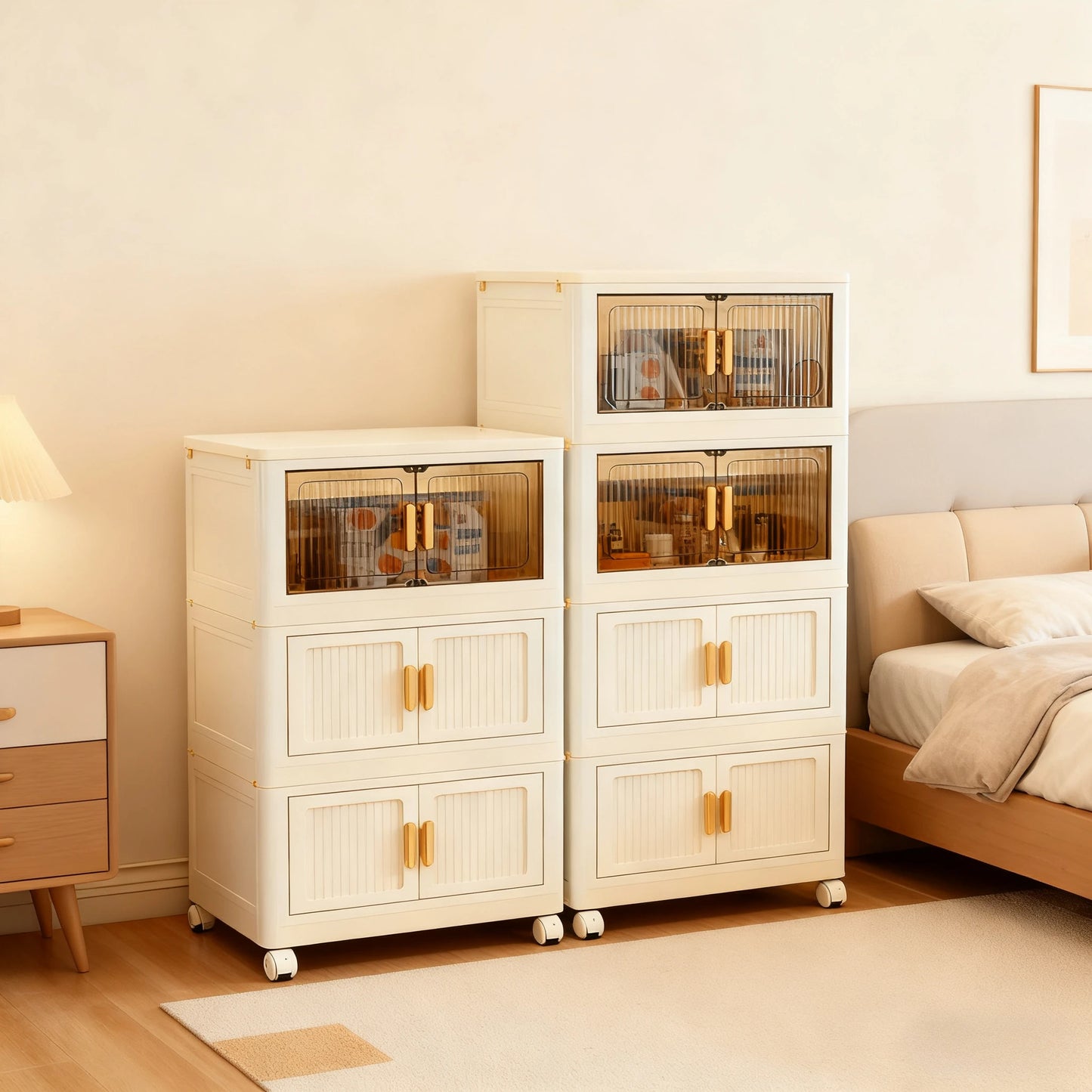 Oversized 3/4/5-Tier Foldable Storage w/ Wheels - No Assembly, Magnetic Doors, Clothes/Toys/Books - Living/Bedroom/Office, Shelf
