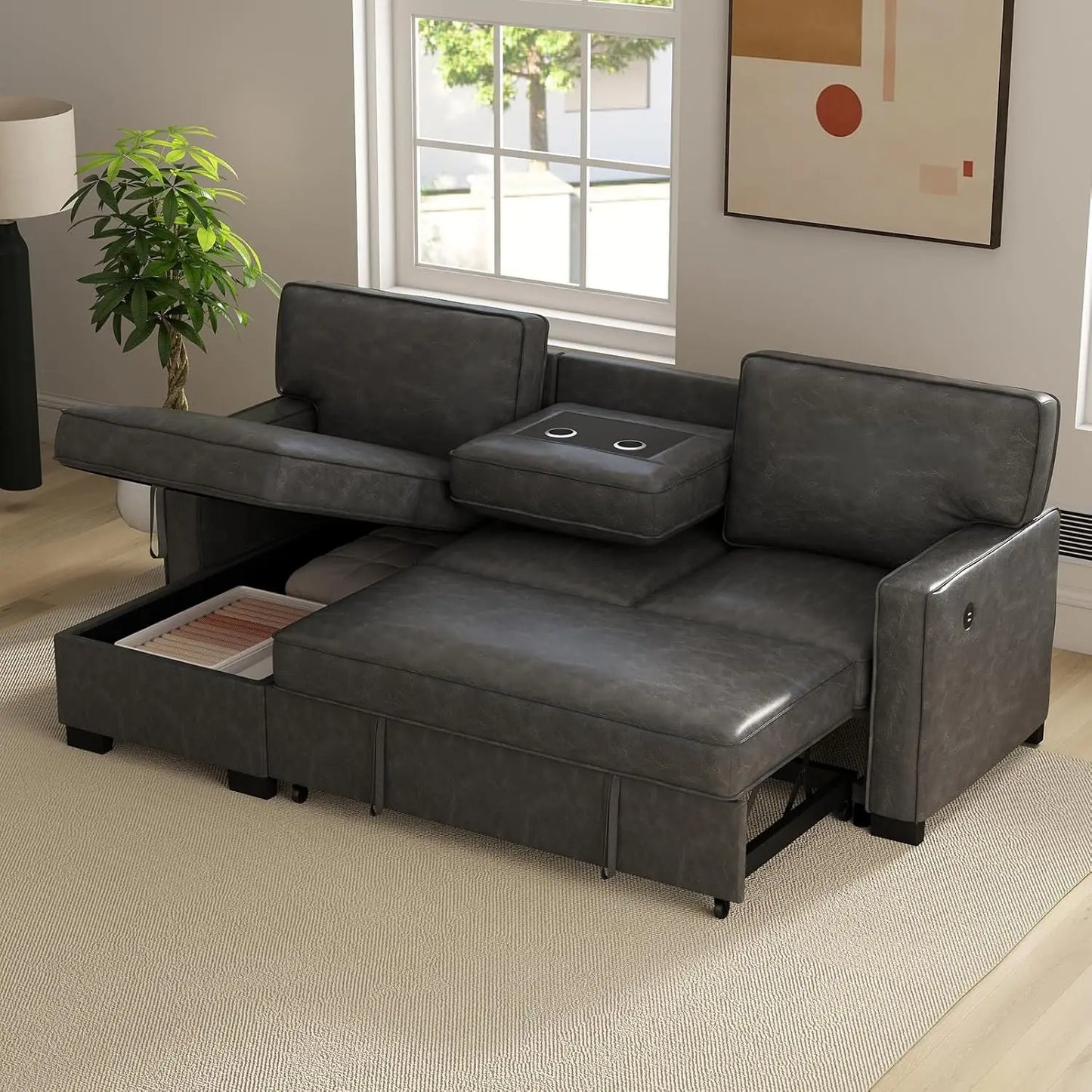 Convertible Sleeper Sofa 3 in 1, Faux Leather Modern L-Shaped Couches for Living Room, Pull Out Sectional Futon Sofa Bed with