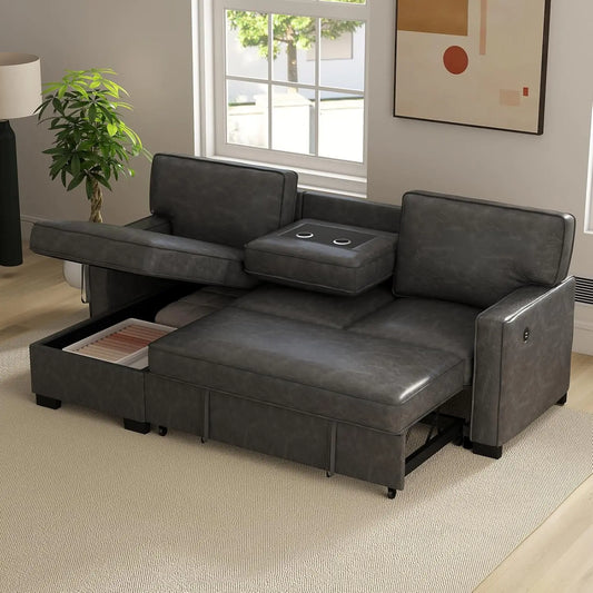 Convertible Sleeper Sofa 3 in 1, Faux Leather Modern L-Shaped Couches for Living Room, Pull Out Sectional Futon Sofa Bed with