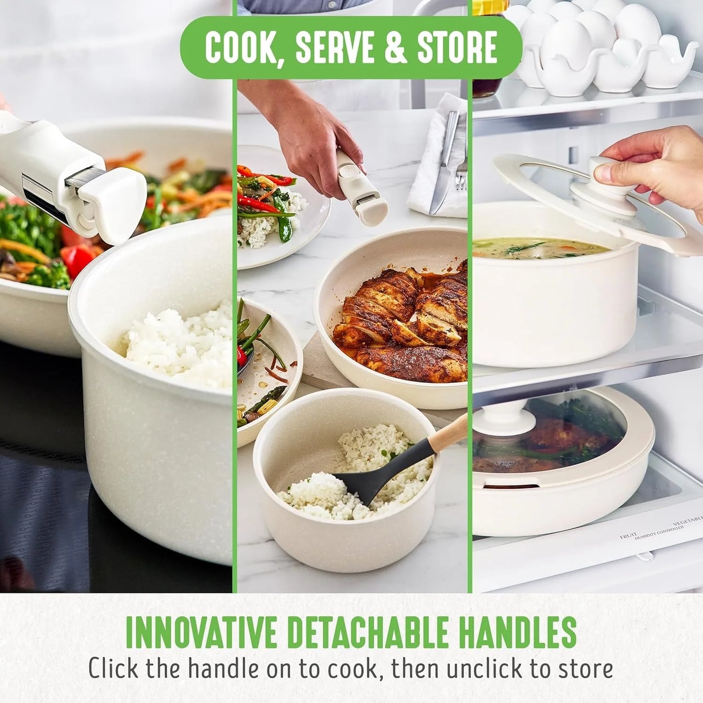 Ceramic Nonstick Cookware Set 10 Piece Detachable Handles