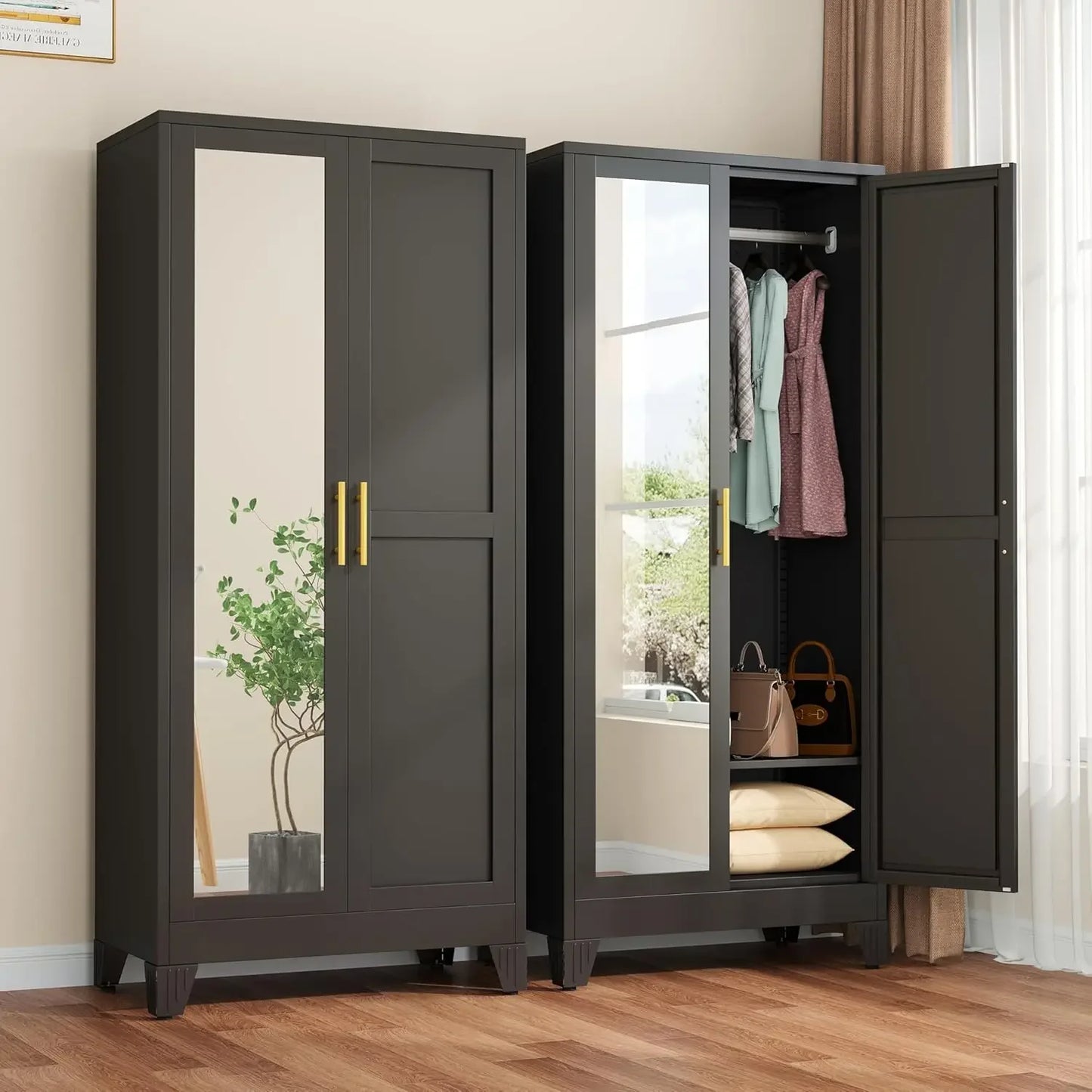 71 Inch Metal Armoire Wardrobe Closet with 2 Mirror Doors Adjustable Shelves And Hanging Wardrobe Cabinet for Bedroom Storage