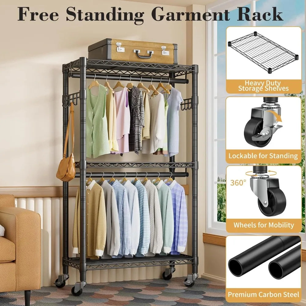 Heavy Duty Rolling Garment Rack With 3 Adjustable Shelves