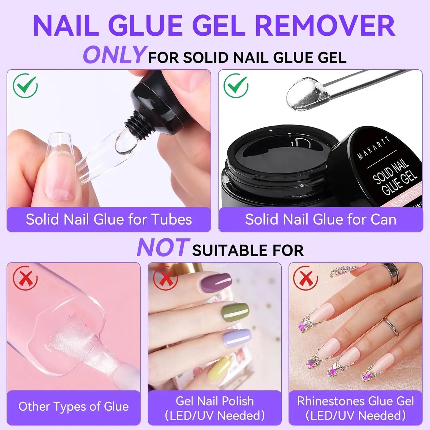 Makartt Solid Nail Glue with Glue Remover Kit: Super Strong Nail Glue Gel for Press on Nails and Nail Tips Supplies UV LED Cured