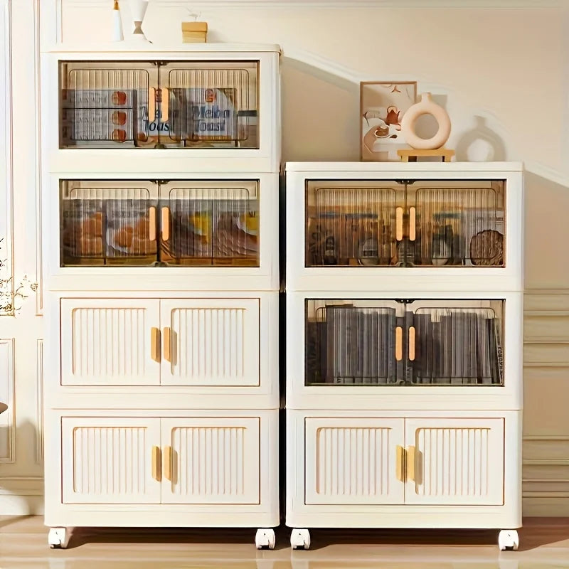 3/4-Tier Folding Storage Organizer with Wheels - No Assembly Required, Magnetic Double-Door Design for Clothes, Toys, Books