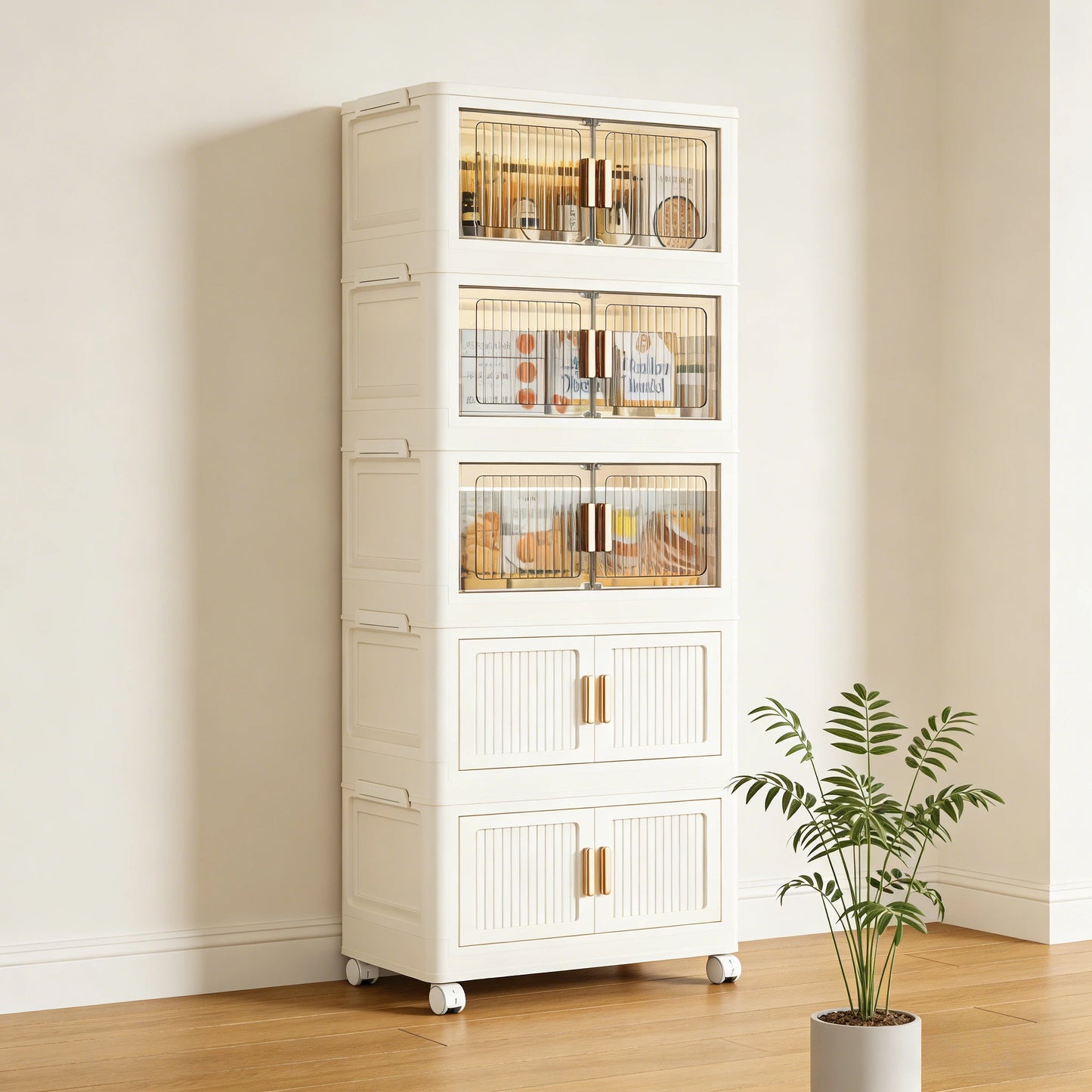 Oversized 3/4/5-Tier Foldable Storage w/ Wheels - No Assembly, Magnetic Doors, Clothes/Toys/Books - Living/Bedroom/Office, Shelf