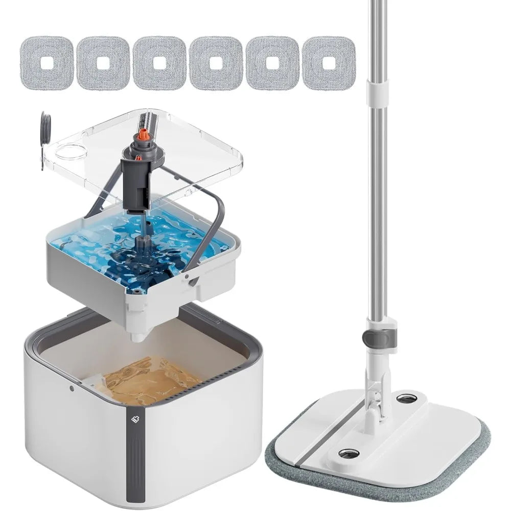 Upgraded Self-Standing Spin Mop and Bucket System, Detachable Inner Mop Bucket  for Hardwood Floors - White with 6 Pads