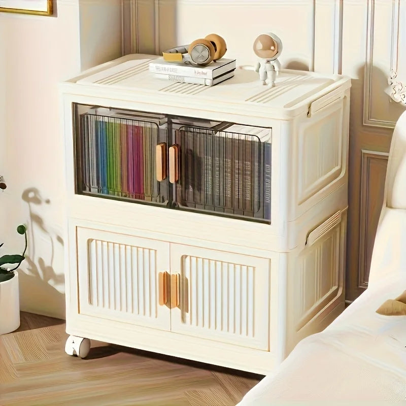 3/4-Tier Folding Storage Organizer with Wheels - No Assembly Required, Magnetic Double-Door Design for Clothes, Toys, Books
