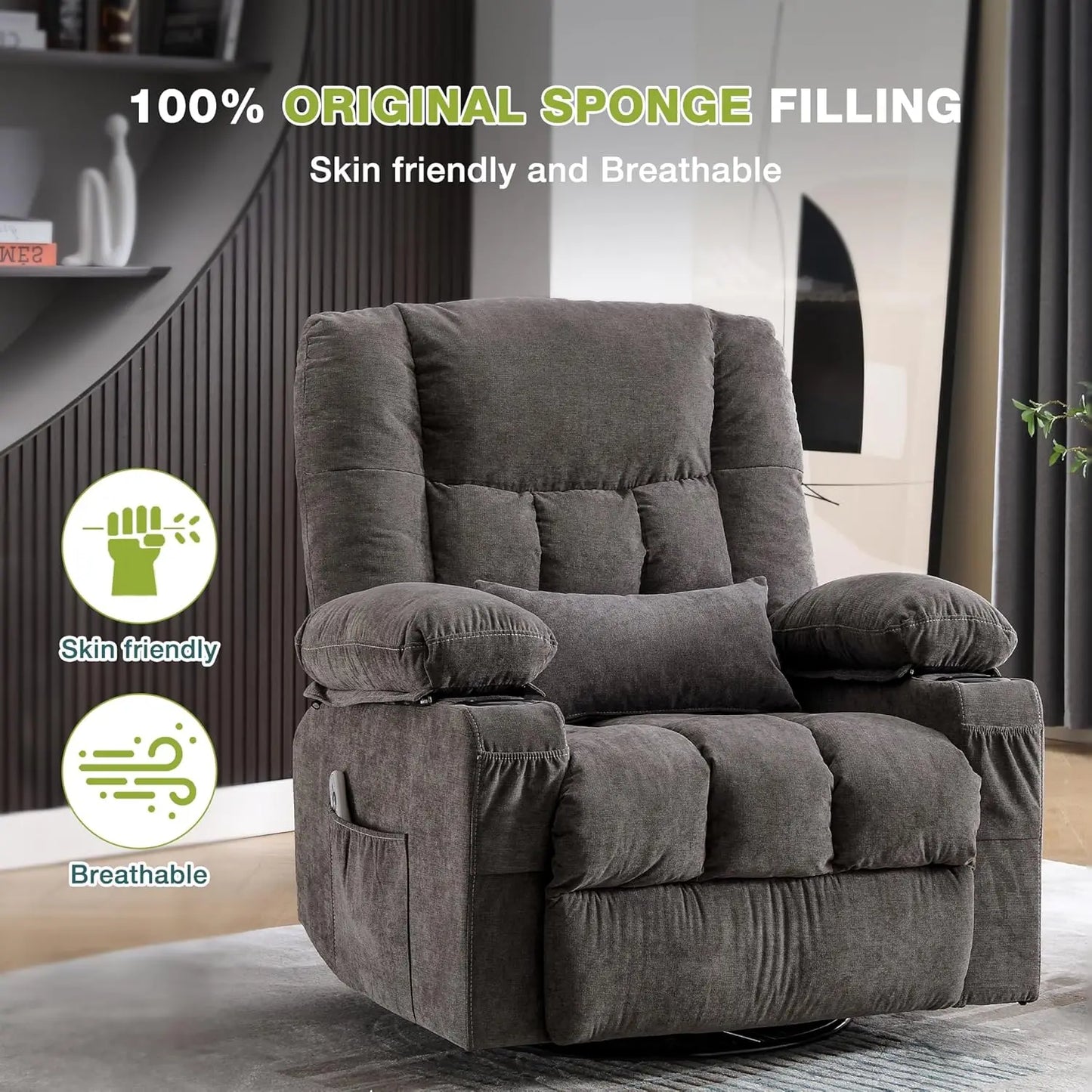 Massage Swivel Recliner Chair, Oversized Rocker Recliner with Vibration Massage and Lumbar Heat Ergonomic Rocker Chair