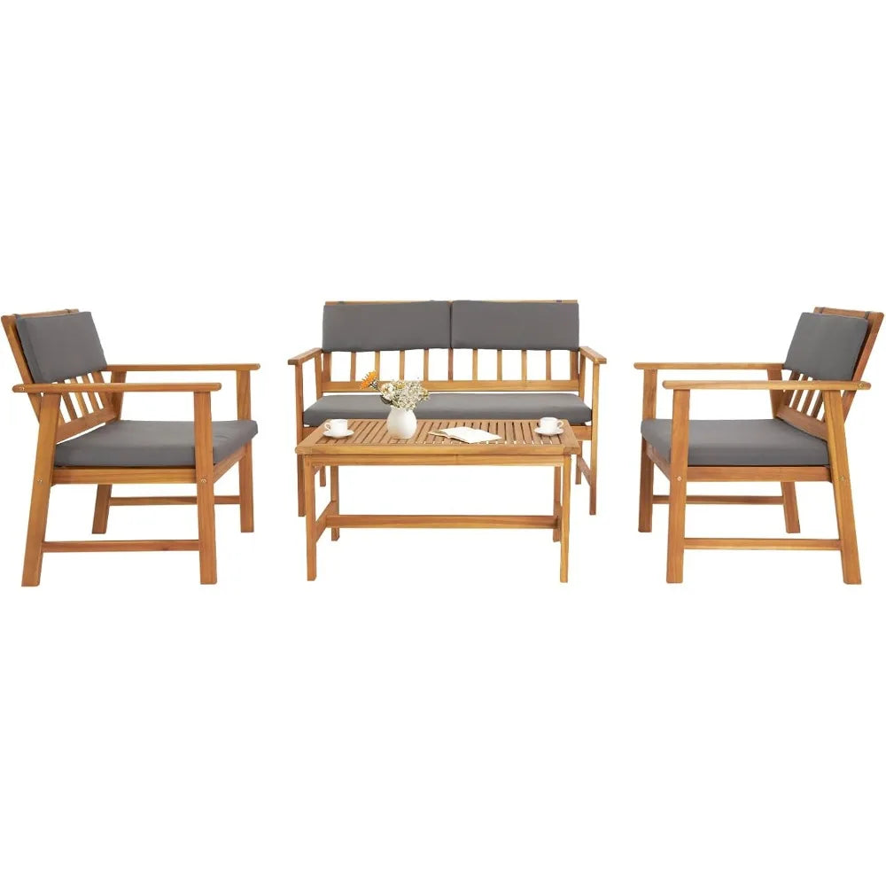 Outdoor Patio Furniture, 4 Piece Acacia Wood Sofa Set w/Coffee Table, Patio Table and Chairs Set for Deck, Balcony