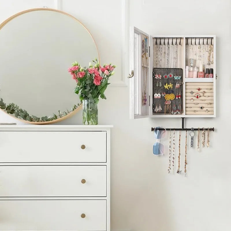 Wall Mounted Jewelry Organizer With Rustic Wood Large Space Jewelry Cabinet, Holder, Storage Box for Necklaces, Earring