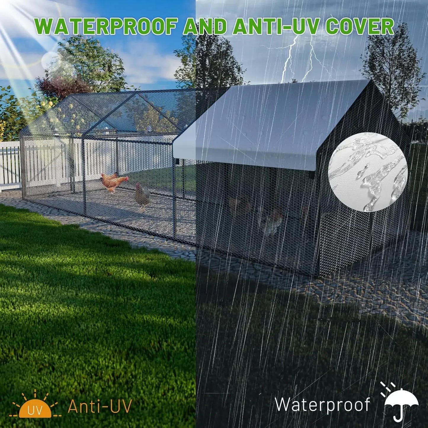 Metal Chicken Coop 79"×40"×40" Chicken Run with Waterproof Cover Portable Poultry Cage Walk in Hen House Outdoor Backyard Farm