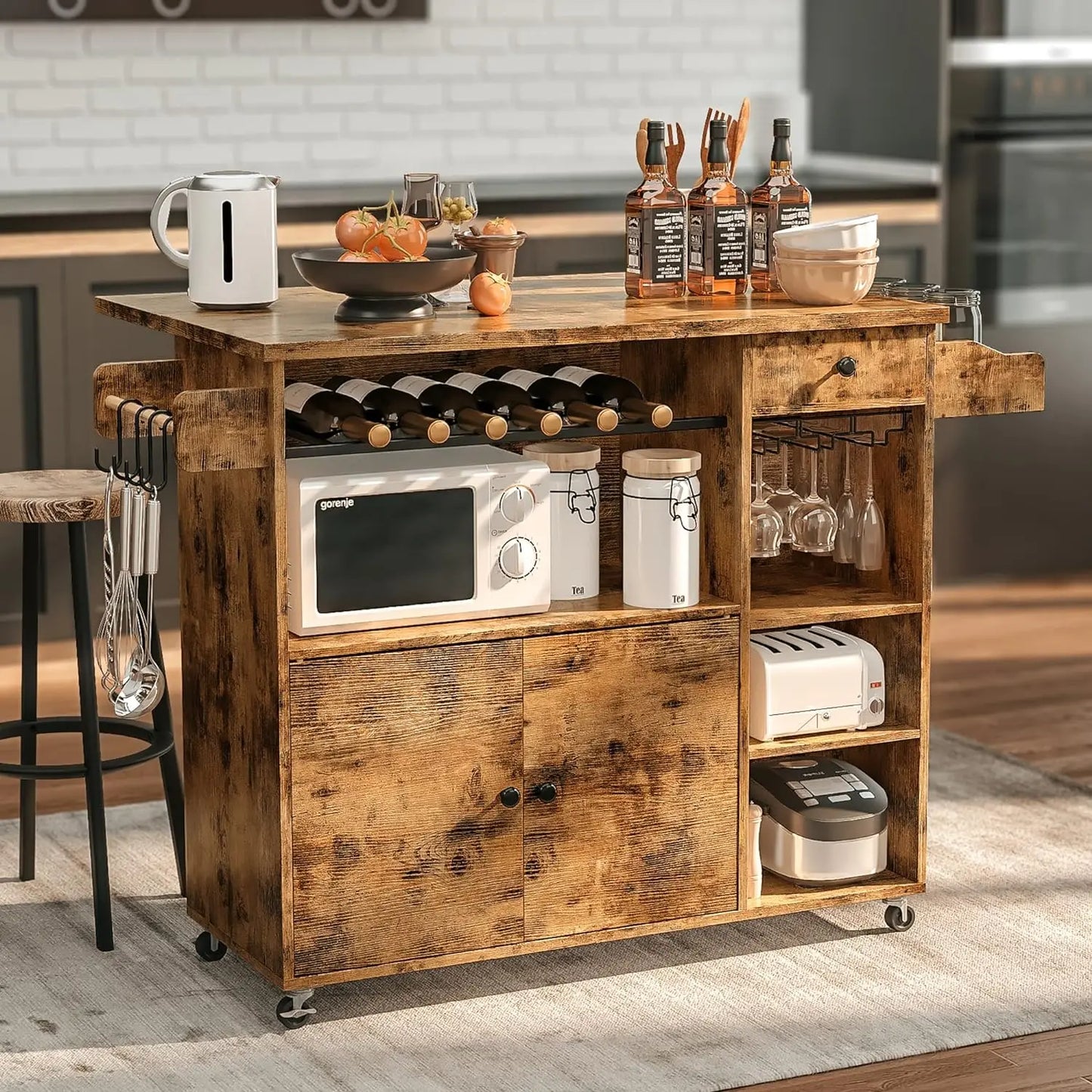 Ironck Rolling Kitchen Island Cart With Drop Leaf Wine Rack