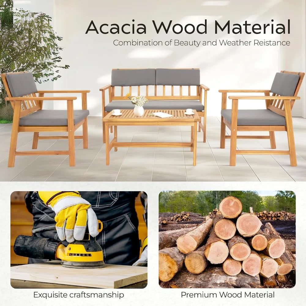 Outdoor Patio Furniture, 4 Piece Acacia Wood Sofa Set w/Coffee Table, Patio Table and Chairs Set for Deck, Balcony