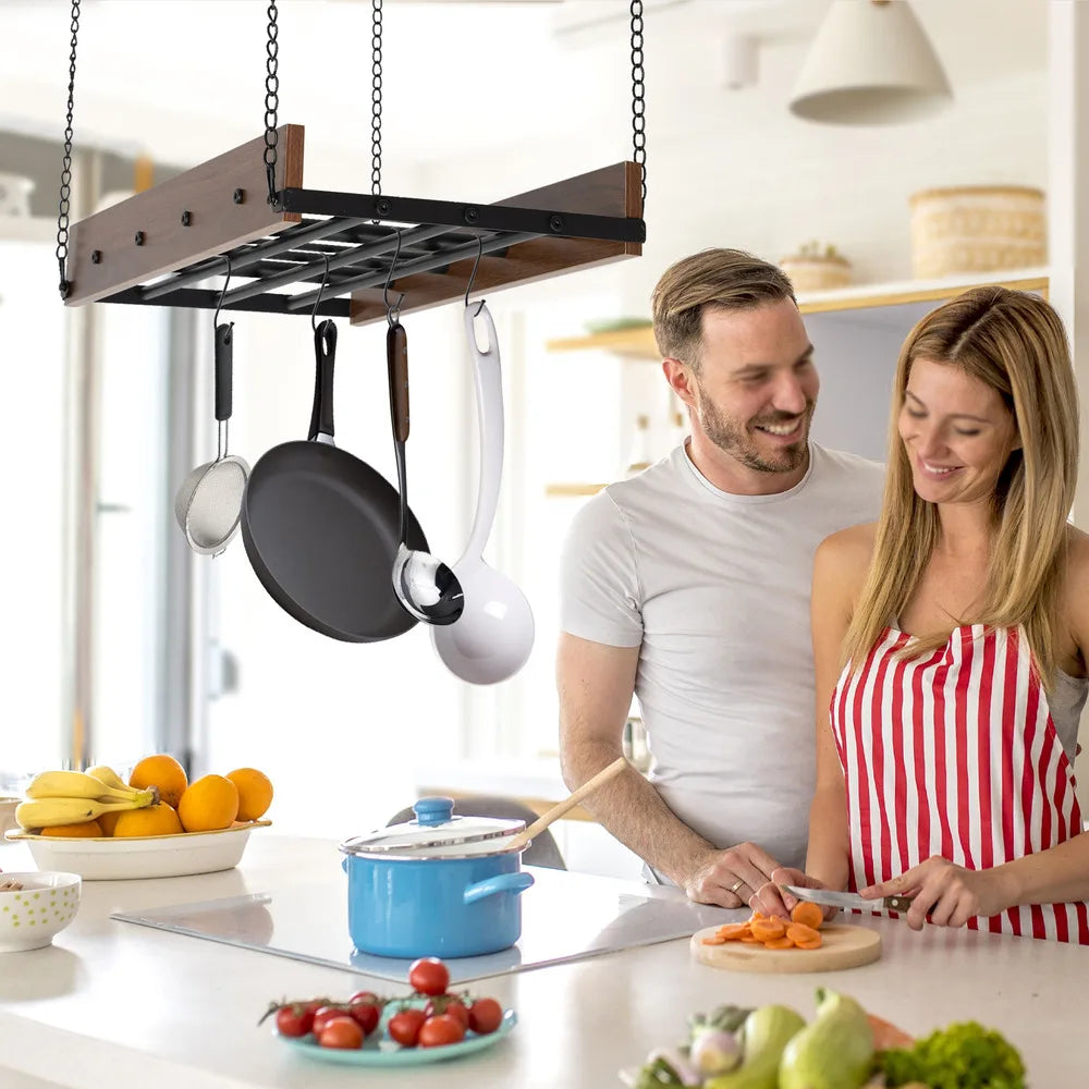 Bymaocar Kitchen Hanging Pot Pan Holder Hanger Iron Rack Ceiling Mount Cookware Organizer Storage Shelf Adjustable Spring Clips