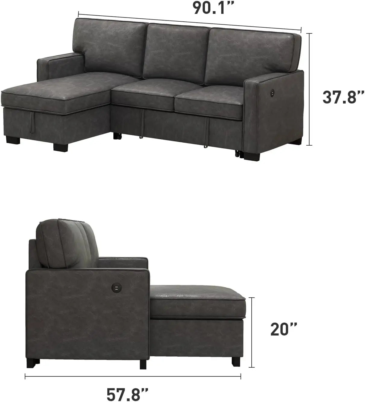 Convertible Sleeper Sofa 3 in 1, Faux Leather Modern L-Shaped Couches for Living Room, Pull Out Sectional Futon Sofa Bed with