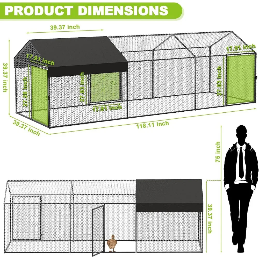 Metal Chicken Coop Run for 8-12 Chickens 118"×40"×40" Large Chicken Run for Yard with Cover，Portable Poultry Cage Hen House Outd