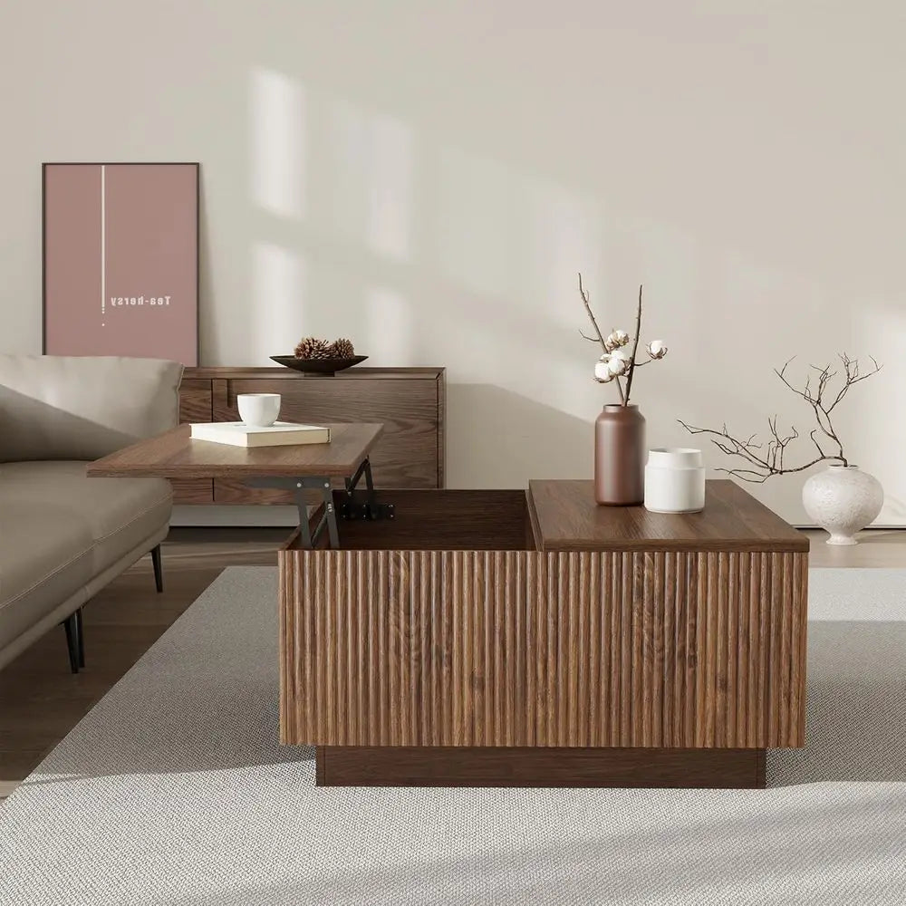 31 Modern Walnut Coffee Table with Storage, Square Living Room Furniture with Decorative Lattice Design for Compact Spaces
