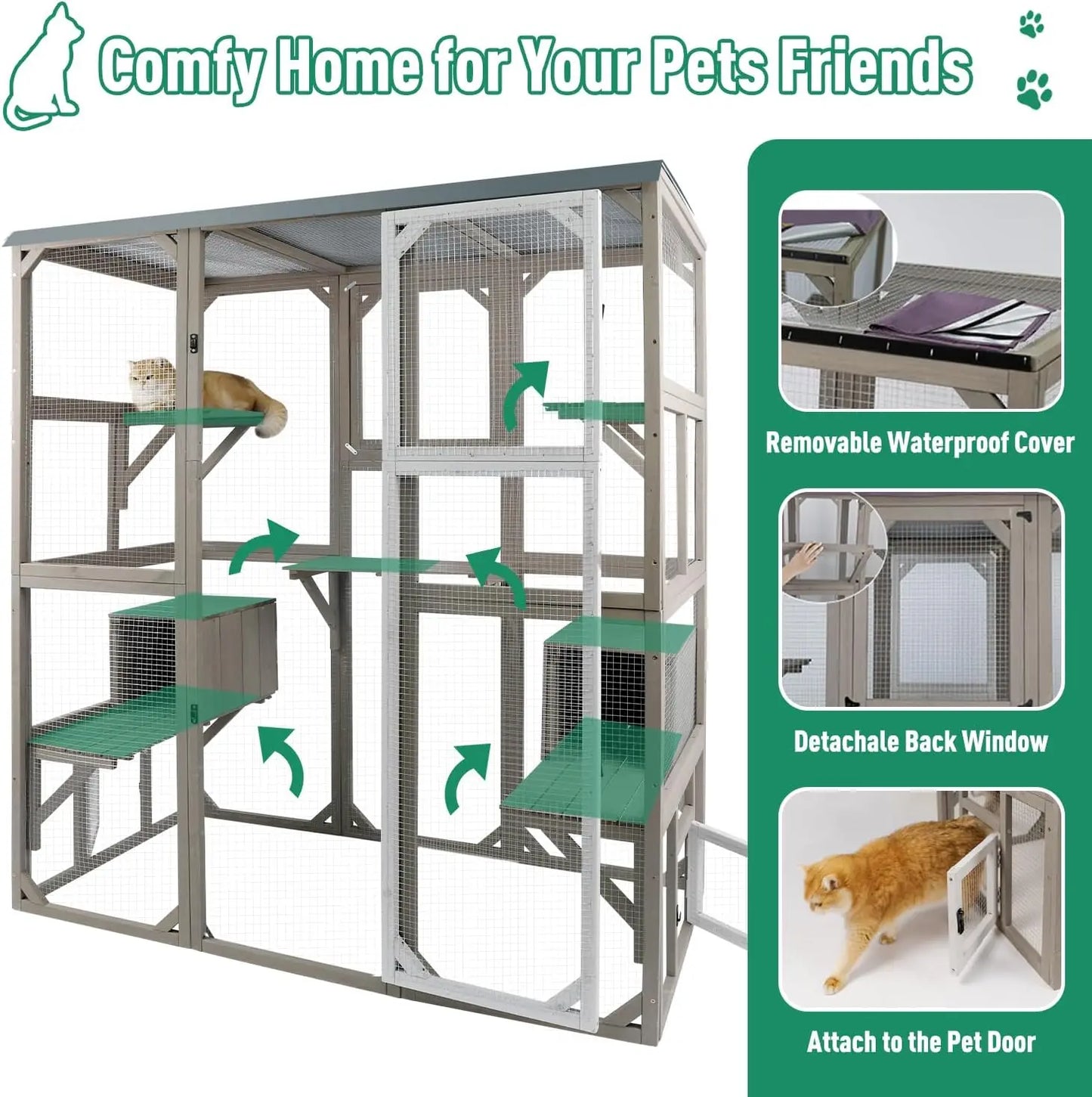 Outdoor Cat Catio Enclosures Large Wooden Cat House Patio for Indoor Cats Feral Cat Shelter with 2 Espace Doors